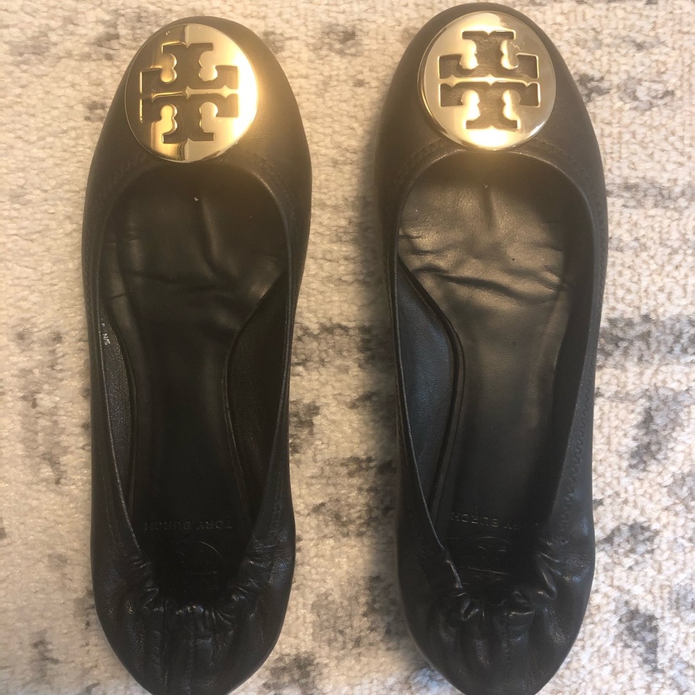 Tory Burch Black Leather Logo Ballet Flats with Gold Medallions